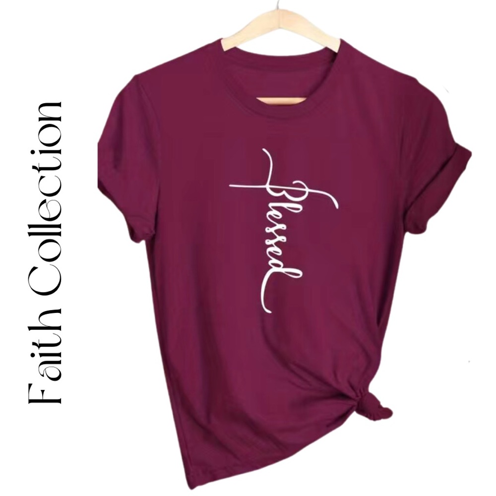 New “Blessed” T-Shirt | Shortsleeved | Burgundy | Large